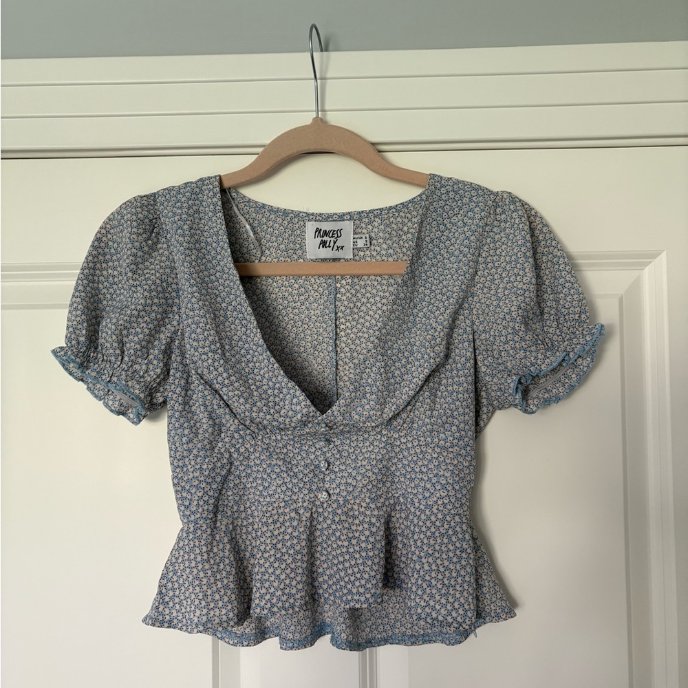 Princess Polly Blue Floral Peplum Puff Sleeve Top Size 2 (XS/S)